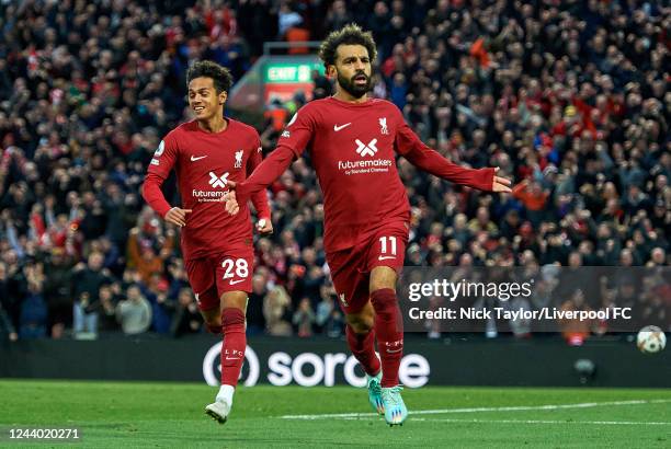 Mohamed Salah of Liverpool celebrates scoring during the Premier League match between Liverpool FC and Manchester City at Anfield on October 15, 2022...