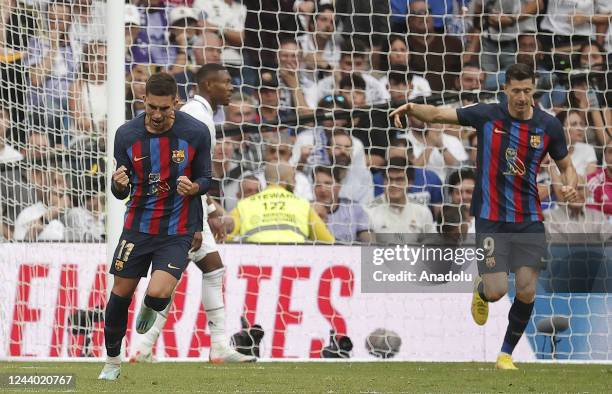 Ferran Torres of Barcelona celebrates after scoring a goal during the La Liga Santander match between Real Madrid and Barcelona at Stadio Santiago...