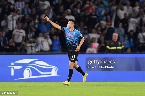 Hirving Lozano of SSC Napoli celebrates after scoring during the Serie A match between SSC Napoli and Bologna FC at Stadio Diego Armando Maradona...