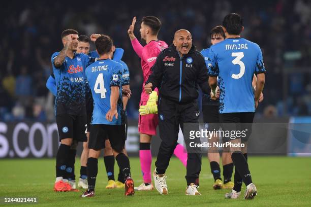 Luciano Spalletti Head Coach of SSC Napoli celebrates at the end of the Serie A match between SSC Napoli and Bologna FC at Stadio Diego Armando...