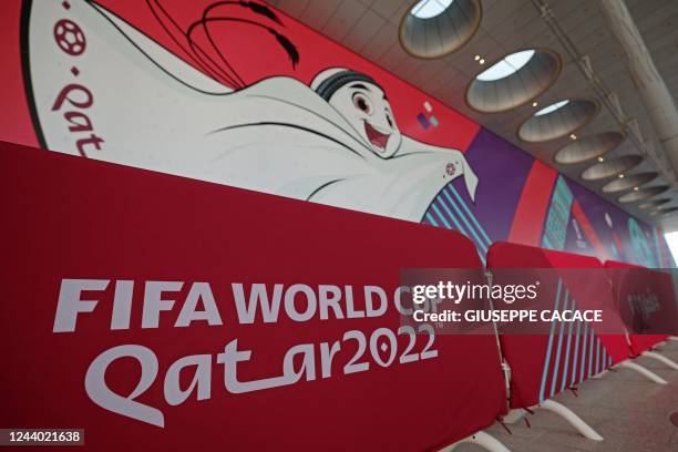 Picture shows a view of the main ticket centre for Qatar's FIFA football World Cup, with a mural of its mascot "La'eeb", in the capital Doha on...