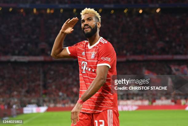 Bayern Munich's Cameroonian forward Eric Maxim Choupo-Moting celebrates the 2-0 goal during the German first division Bundesliga football match...