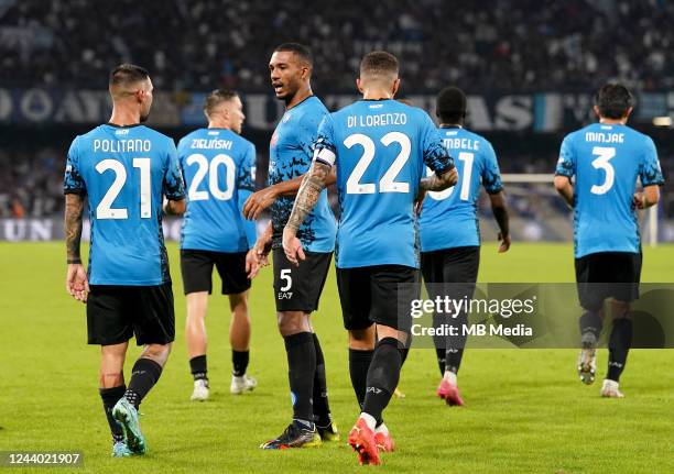 Juan Guilherme Jesus of SSC Napoli celebrates with team mates after scoring his goal ,during the Serie A match between SSC Napoli and Bologna FC at...