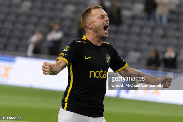 AIKs Sebastian Larsson celebrates AIKs victory during an Allsvenskan match between Djurgardens IF and AIK at Tele2 Arena on October 16, 2022 in...