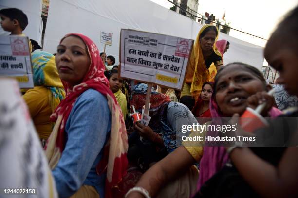 Women along with children at child marriage awareness campaign, in slum area of Vasant Vihar, on October 16, 2022 in New Delhi, India.