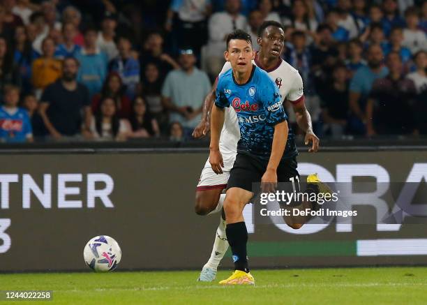 Hirving Lozano of SSC Napoli controls the ball during the Serie A match between SSC Napoli and Bologna FC at Stadio Diego Armando Maradona on October...