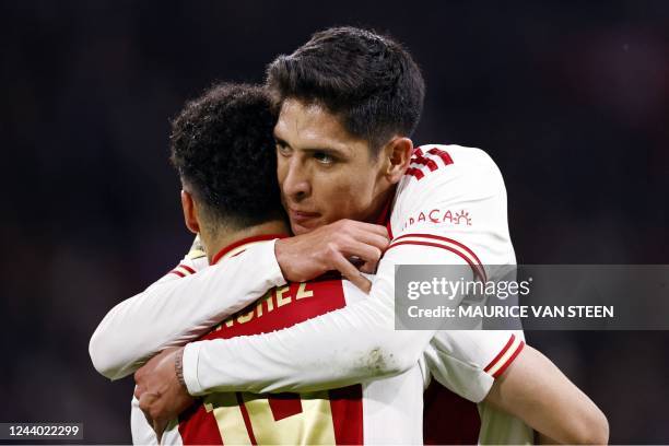 Ajax's Jorge Sanchez hugs Edson Alvarez as he celebrates scoring his team's first goal during the Dutch Eredivisie match between Ajax Amsterdam and...