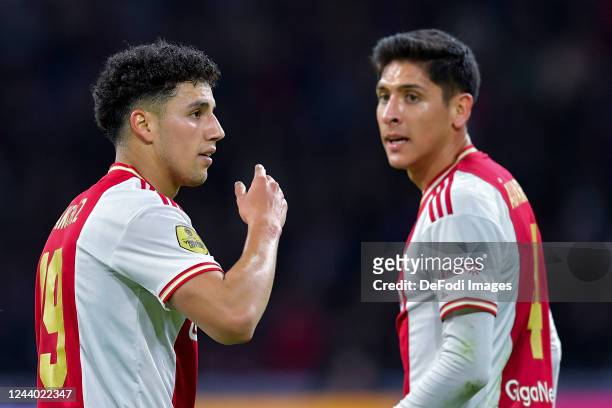 Jorge Sanchez of and Edson Alvarez of celebrates after scoring his teams 1:0 goal with team mates during the Dutch Eredivisie match between AFC Ajax...