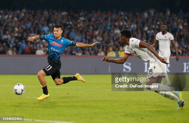 Hirving Lozano of SSC Napoli controls the ball during the Serie A match between SSC Napoli and Bologna FC at Stadio Diego Armando Maradona on October...