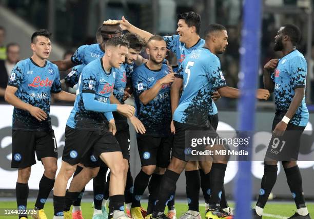 Victor Osimhen of SSC Napoli celebrates with teammates after scoring his goal during the Serie A match between SSC Napoli and Bologna FC at Stadio...