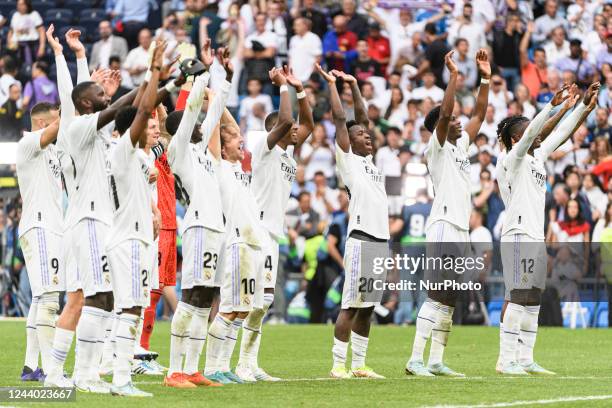 Real Madrid CF celebrates with his teammates after winning during a match between Real Madrid v FC Barcelona as part of LaLiga in Madrid, Spain, on...