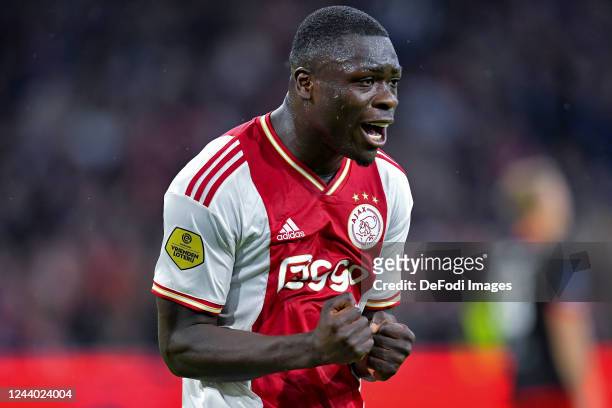 Brian Brobbey of Celebrates after scoring his teams 3:0 goal during the Dutch Eredivisie match between AFC Ajax and SBV Excelsior at Johan Cruijff...