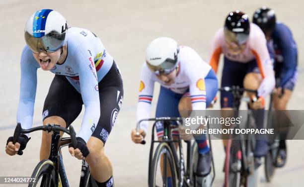 Belgian Lotte Kopecky pictured in action during the women's points race on day five of the UCI Track World Championships, at the...