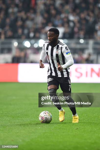 Kevin Nkoudou of Besiktas controls the ball during the Super Lig match between Besiktas and Trabzonspor at Vodafone Park on October 16, 2022 in...