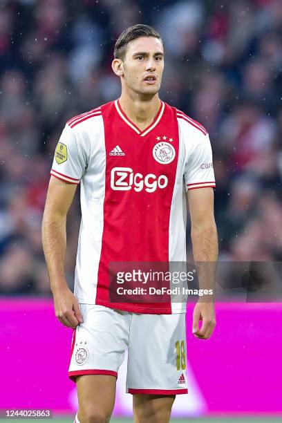 Lorenzo Lucca of Battle for the ball during the Dutch Eredivisie match between AFC Ajax and SBV Excelsior at Johan Cruijff Arena on October 16, 2022...