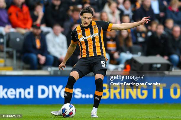 Hull City's Alfie Jones during the Sky Bet Championship match between Hull City and Birmingham City at MKM Stadium on October 16, 2022 in Hull,...