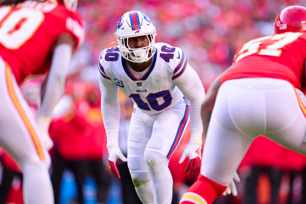 Von Miller of the Buffalo Bills lines up against the Kansas City Chiefs during the first half at GEHA Field at Arrowhead Stadium on October 16, 2022...