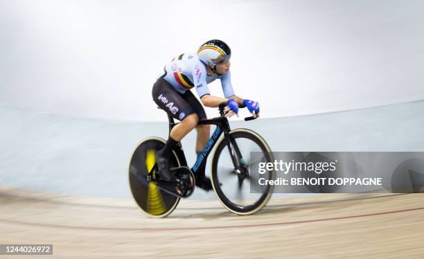 Belgian Fabio Van Den Bossche pictured in action during men's Madison race on day five of the UCI Track World Championships, at the...