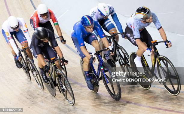 Belgian Jules Hesters pictured in action during men's elimination race on day five of the UCI Track World Championships, at the...