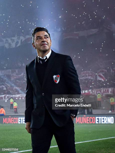 Marcelo Gallardo coach of River Plate looks on prior a match between River Plate and Rosario Central as part of Liga Profesional 2022 at Estadio Más...