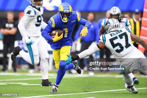 Los Angeles Rams Wide Receiver Allen Robinson breaks free after a catch during the NFL game between the Carolina Panthers and the Los Angeles Rams on...