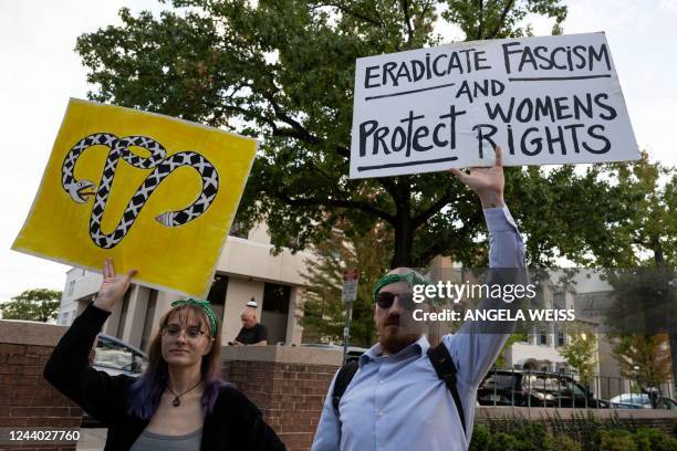 Activists protest during a "Bans Off Our Bodies" rally in support of abortion rights at Old Bucks County Courthouse in Doylestown, Pennsylvania on...