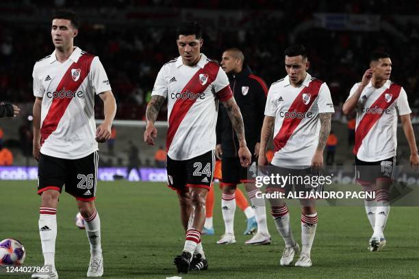 River Plate's players leave the field at end of the first half during the Argentine Professional Football League Tournament 2022 match against...