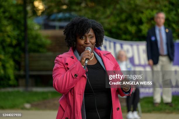 Joanna McClinton, Pennsylvania House of Representivives democratic leader, speaks at a "Bans Off Our Bodies" abortion rights rally at Old Bucks...