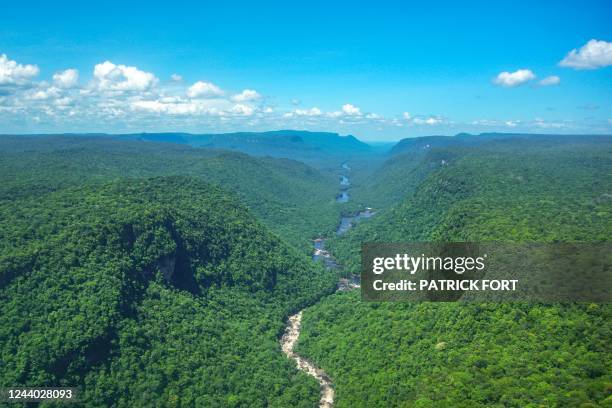 Aerial view of the Kaieteur National Park in the Potaro-Siparuni region of Guyana, on September 24, 2022. - Emerging as potential oil powers while...