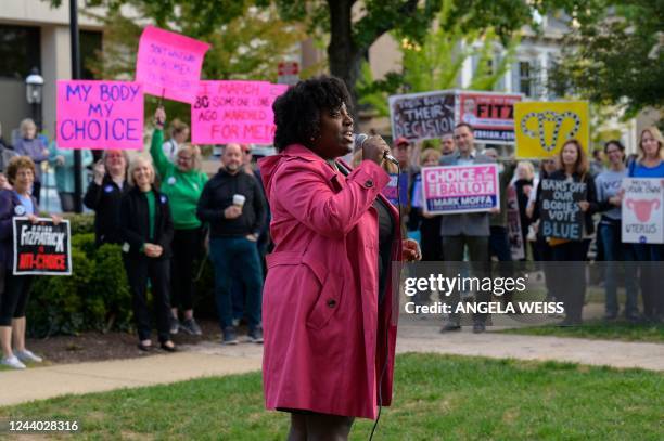 Joanna McClinton, Pennsylvania House of Representivives democratic leader, speaks at a "Bans Off Our Bodies" abortion rights rally at Old Bucks...