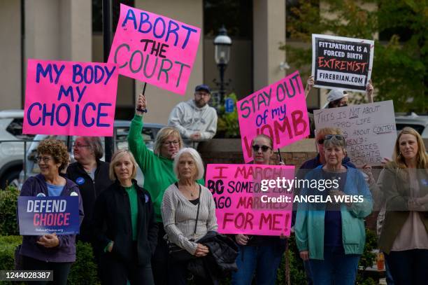 Activists protest during a "Bans Off Our Bodies" rally in support of abortion rights at Old Bucks County Courthouse in Doylestown, Pennsylvania on...