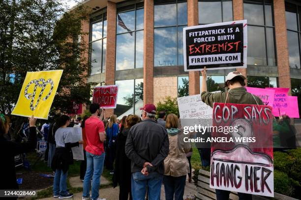 Activists protest during a "Bans Off Our Bodies" rally in support of abortion rights at Old Bucks County Courthouse in Doylestown, Pennsylvania on...