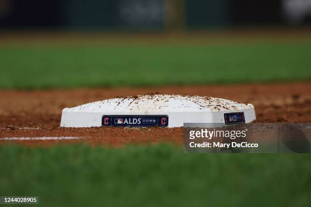 General view of the American League Division Series base during the game between the New York Yankees and the Cleveland Guardians at Progressive...