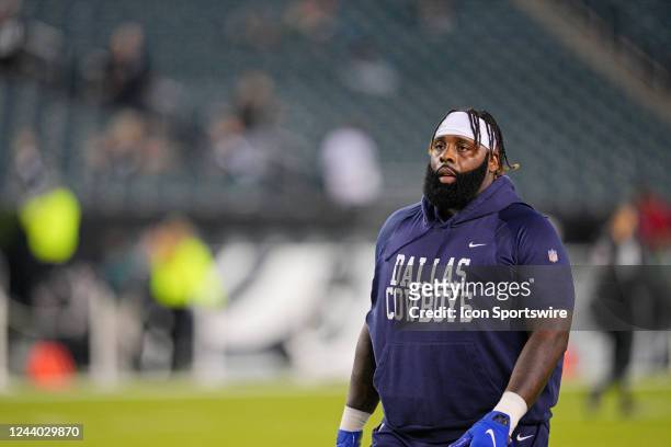 Dallas Cowboys offensive tackle Jason Peters looks on during the game between the Dallas Cowboys and the Philadelphia Eagles on October 16, 2022 at...
