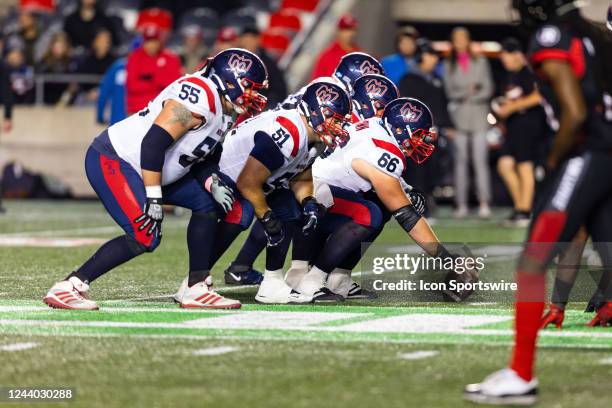 Montreal Alouettes offensive lineman David Brown lines up before the snap during Canadian Football League action between the Montreal Alouettes and...