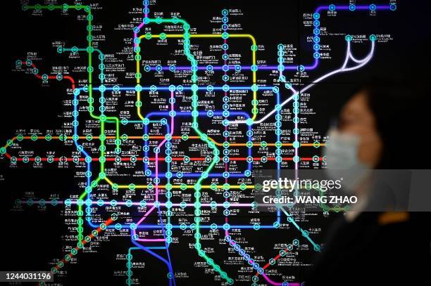 The Beijing Subway map is showed on a screen at the Beijing Rail Transit Command Center as part of a media tour during the 20th Chinese Communist...