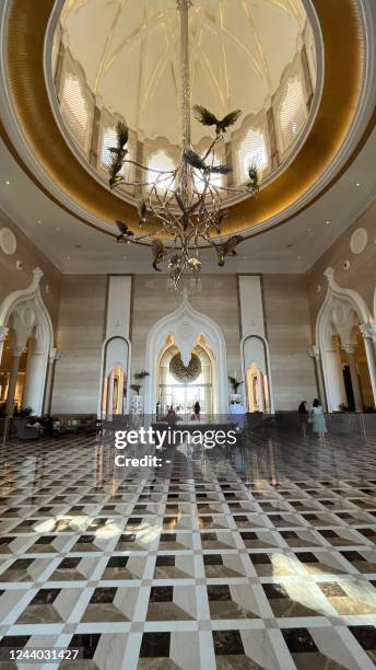 This picture taken October 15, 2022 shows a view of the lobby area of The Pearl Doha - Marsa Malaz Kempinski Hotel, which will serve as a base camp...