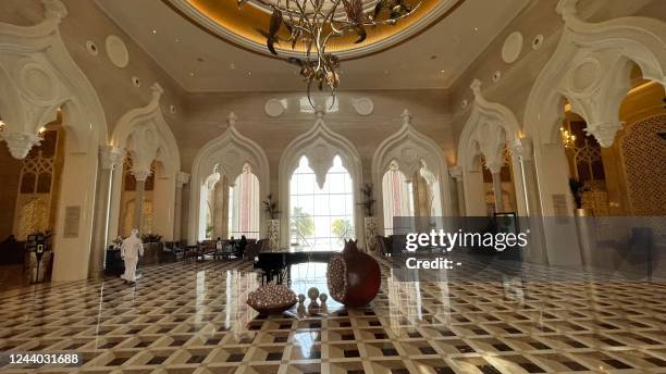 This picture taken October 15, 2022 shows a view of the lobby area of The Pearl Doha - Marsa Malaz Kempinski Hotel, which will serve as a base camp...