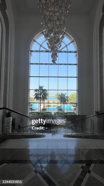 This picture taken October 15, 2022 shows a view of the lobby area of The Pearl Doha - Marsa Malaz Kempinski Hotel, which will serve as a base camp...