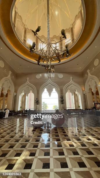 This picture taken October 15, 2022 shows a view of the lobby area of The Pearl Doha - Marsa Malaz Kempinski Hotel, which will serve as a base camp...