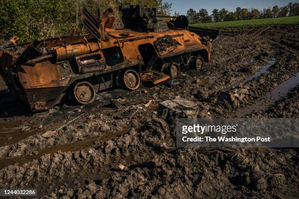 Bodies of the Russian soldiers lying in the mud after Ukrainian army ambushed and destroyed APC carrier near the village Kurylivka, Ukraine, 8th of...