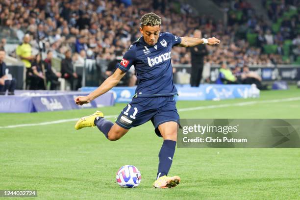 Ben Folami of Melbourne Victory playing against Western Sydney Wanderers in round two of the 2022-2023 Isuze UTE A-League season at AAMI Park on 15th...