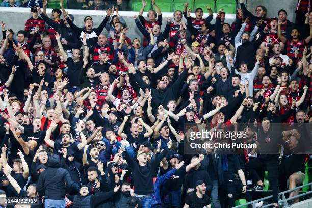 Western Sydney fans as Melbourne Victory play Western Sydney Wanderers in round two of the 2022-2023 Isuze UTE A-League season at AAMI Park on 15th...