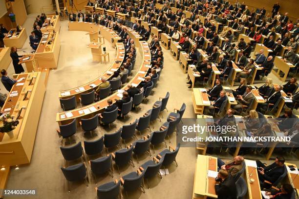 Leader of Sweden's Centre Party Annie Loof delivers a speech during a parliament session to elect the new Swedish Prime Minister at the Swedish...