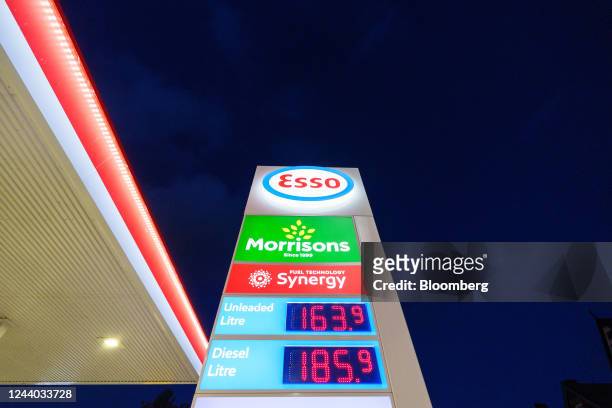 Petrol and diesel prices displayed on a forecourt totem sign at a Esso petrol station in Sheffield, UK, on Saturday, Oct. 15, 2022. The Office for...