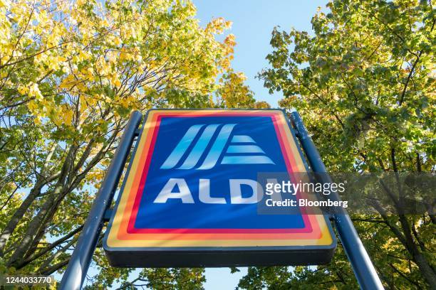 An Aldi Stores Ltd. Sign outside a branch of of the supermarket in Sheffield, UK, on Saturday, Oct. 15, 2022. The Office for National Statistics are...