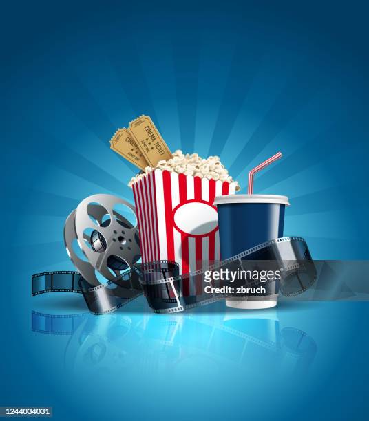 cinema poster with cola, film-strip, and clapper. vector. - film industry stock illustrations