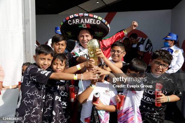 Attendees at the start of the FIFA World Cup Trophy Tour Fan Day, at the Utopia Santa Cruz Meyehualco in the Alcaldia Iztapalapa in Mexico City. On...