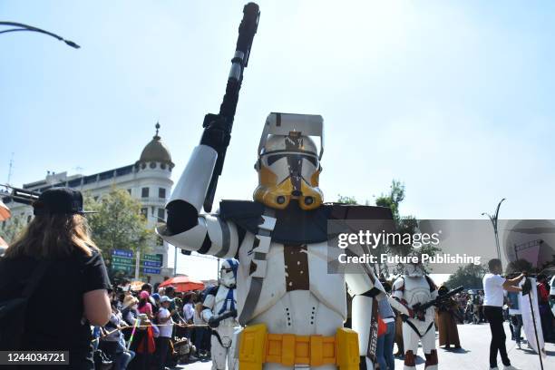 Costumed fans take part during the Training Day Star Wars Parade at Reforma Avenue. On October 15, 2022 in Mexico City, Mexico.