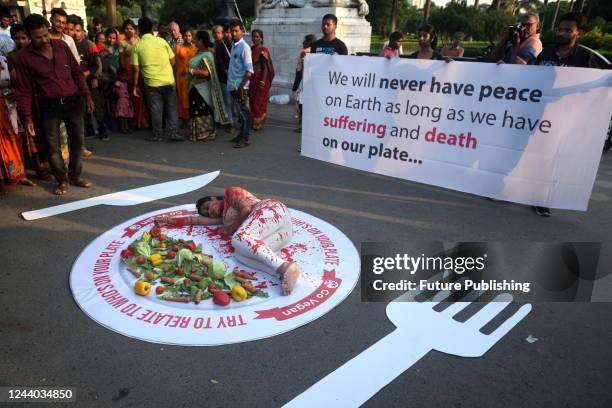 Activists of Vegans of Bengal staged a demonstration in front of Victoria Memorial on the occasion of World Food Day, a symbolic representation of...